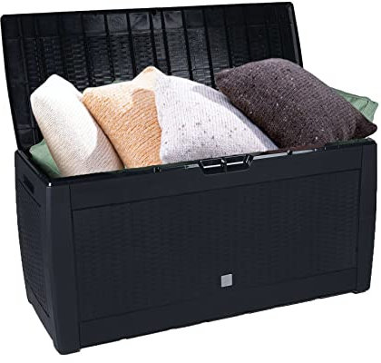 Vivo Technologies 310L Garden Waterproof Storage Box Chest Outdoor Storage Boxes Cushion Box and Garden Furniture Organizer with Hinged Lid Handles Wheels Wicker Look, Black