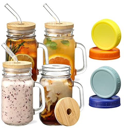 VITEVER Mason Jars with Handle, Glass Mugs with Straws and Bamboo Lids & Colorful Airtight Lids 4pcs Set, 16oz Drinking Glass Cups, Travel Tumbler for Iced Coffee, Smoothie, Overnight Oats Containers