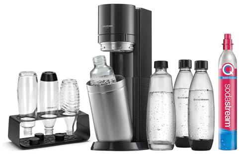 SodaStream Wassersprudler DUO Comfort-Set mit Quick-Connect CO2-Zylinder| inkl. 2x 1L Glasflasche, 2x 1L FUSE Kunststoffflasche (spülmaschinengeeignet) und Flaschenabtropfhalter | Farbe: Titan