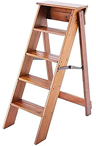 Wooden Step Ladders Folding Stool 5-Steps, Multifunction Climb Ladder Shelf,for Kitchen/Office/Library Stepladder Maximum Load 150kg (Wood Color)
