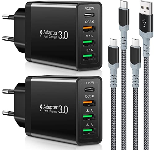2 Stück 35W USB C Ladegerät [4-Port Upgrade], Acezeek Schnellladegerät USB Stecker mit Wandladegerät mit 2 Stück 6.6Ft 60W USB C Ladekabel kompatibel für Samsung,LG,Google Pixel 6 Tablet (Schwarz)