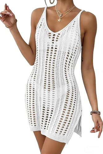 Timuspo Bikini Cover Up Damen Ärmellos Strandkleid Häkelkleid V-Ausschnitt Badeanzüge Überwurf Seitenschlitz Strandtunika