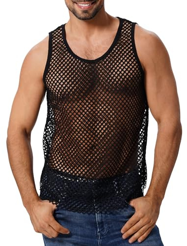 Netzhemd Herren Netzoberteil Netzshirt Männer Unterhemden Muskelshirts Achselshirts Herrenunterhemdem Tank Top Tanktop Vest Unterziehshirt Sexy Unterwäsche Clubwear Rave Outfit Schwarz L