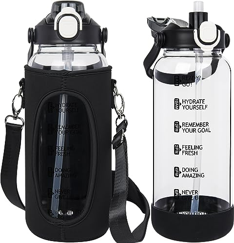 Seekua 2l Trinkflasche Glas Flasche mit Strohhalm & Zeitmarkierung, 2 liter Wasserflasche mit Früchteinsatz & Schutzhülle für Smoothie, Früchte, Kohlensäure geeignet
