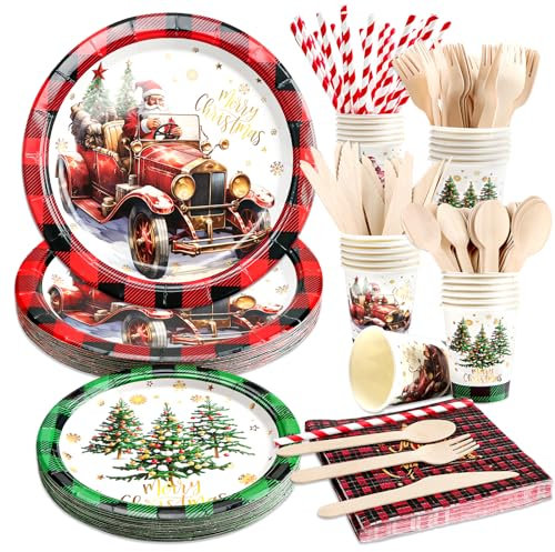 Kalolary Christmas Tableware Set, Paper Plates and Napkins Sets Red Buffalo Plaid Pickup Truck Xmas Tree Party Decorations Dinnerware Set (Red Car and Green Tree)