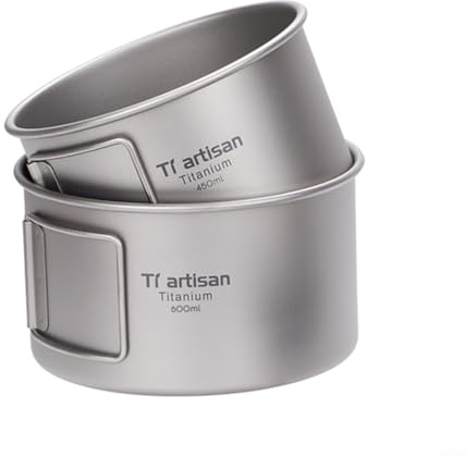 CARMOTTER Titan-Schüssel, Camping-Kochgeschirr, Outdoor, leicht, Reise-Kochbecher, Küchenschüssel-Set, faltbarer Griff, rostfrei (600 ml Schüssel mit Deckel)
