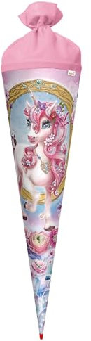 ROTH Schultüte groß Einhorn Beauty 70cm - Glitter, rund Rot(h)-Spitze, Filzverschluss - Zuckertüte Einhorn Beauty Schulanfang