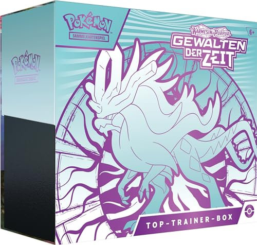 Pokémon Sammelkartenspiel Top-Trainer-Box Karmesin & Purpur – Gewalten der Zeit: Windewoge (1 holografische Vollbild-Promokarte mit Flatterhaar, 9 Boosterpacks & Premium-Zubehör)