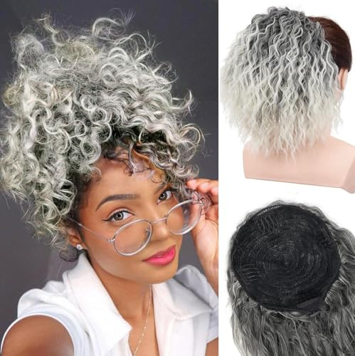 PORSMEER Lockiger gewellter Pferdeschwanz,Ombré-grauer Pferdeschwanz mit Kordelzug für Afro-Frauen Zopf Perücke für kurze weiche und natürliche Kunsthaare