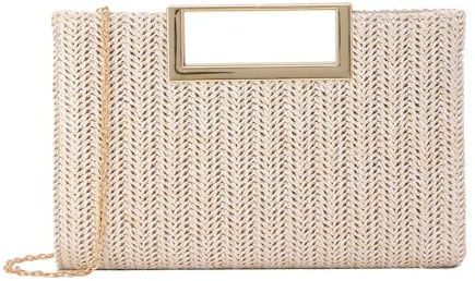 Ynport Crefreak Damen Stroh Clutch Sommer Stroh Dinner Schultertasche mit Metallkette Quadratische Tragetasche Gewebte Handtasche für Hochzeitsfeier