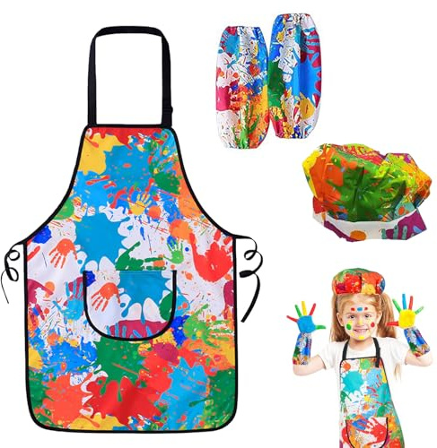 Malkittel Kinder, Verstellbare Malschürze kinder, Wiederverwendbare Kinderschürze mit Kochmütze und 2 Ärmeln zum Malen, Schürze Kinder mit Taschen für Basteln Malen Backen Kochen, Mädchen und Jungen