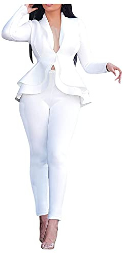 Tuta da donna elegante, 2 pezzi, set di abbigliamento da lavoro, tinta unita, elegante, per il tempo libero, con orlo e scollo a V, pantaloni a matita, a maniche lunghe, da lavoro, da sera