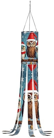 SABFWF Windsack mit niedlichem Weihnachts-Eulen auf Ast, saisonaler Windsack, für Herbst, Winter, Thanksgiving, Outdoor und Geister-Thema, Windsack mit Stange