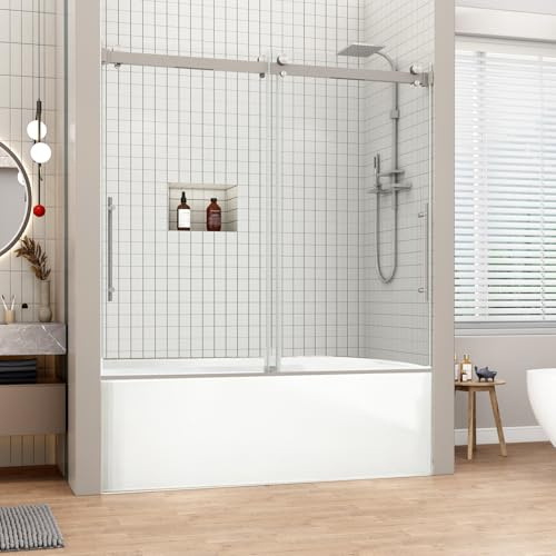 Sunrosa Frameless Double Sliding Tub Shower Door 60 W x 60 H, 5/16 (8mm) Thick Easy-Clean Tempered Glass, Adjustable Tub Door with Soft-Close System, Brushed Nickel Finish