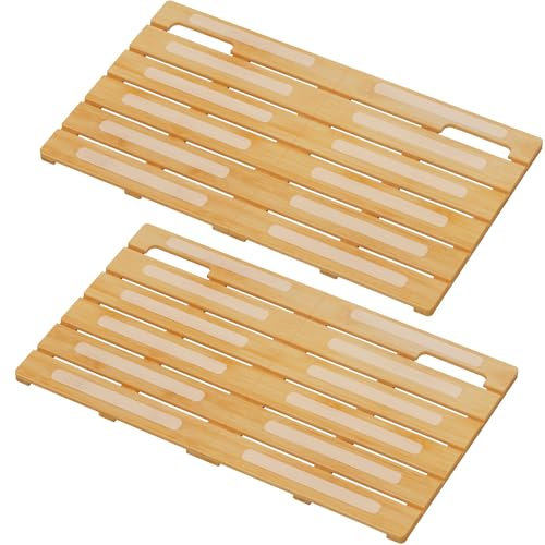 Lifewit Tarima Ducha de Bambú Antideslizante, 53x36 cm Alfombra Baño de Plegable Madera, Alfombrilla Ducha de Impermeable para Baño/Sauna/Piscina/Interior/Exterior, Color de Natural, 2 Pieza