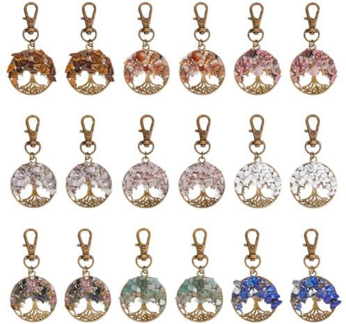 SUPERFINDINGS 36 Pezzi 9 Stili Albero della Vita Ciondolo Charms Cristallo Quarzo Pendenti Pietre Preziose Chakra Bronzo Antico Portachiavi per La Creazione di Gioielli con Chiusure A Moschettone