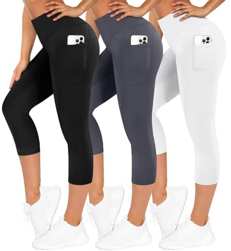 TNNZEET 3er Pack Leggings Damen 3/4 mit Taschen Caprihose Sommer für Sport | High Waist Capri Sporthose Bequeme 7/8 Sommerhose Elastisch Dreiviertel Yogahose für Gym
