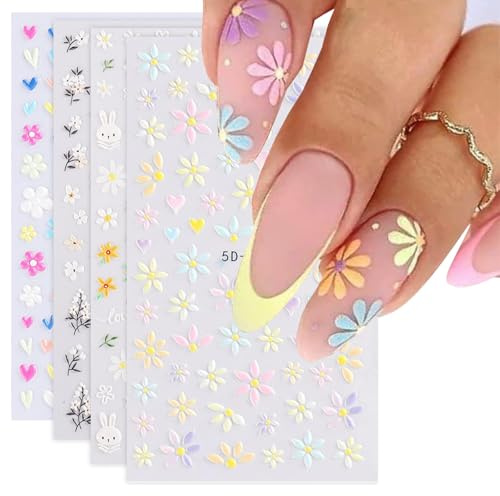 TELAIN Nagelsticker Set Für Einzigartiges Nageldesign, 4 Blatt Frühlingsthemen Nail Art Zubehör, Perfekt Für 3D Gel Nägel Und UV Gel Strips