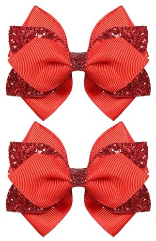 4in Glitter Red Hair Bow Clips for Girls Kids, Sparkly Sequin Ribbon Cheer Bow Hair Barrettes Pins for Teens Toddler Valentines New Year July 4th Party Dress Decor Accessory Gift