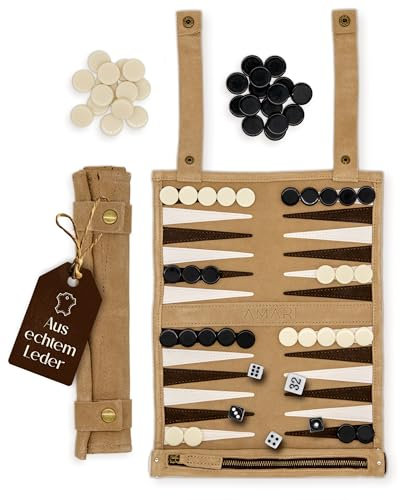 Amari ® Reise Backgammon aus 100% Leder - Rollbares Backgammon für Reisen und Unterwegs – Back Gammon Hochwertig Koffer Spiel Reisespiel Reisebackgammon Leder