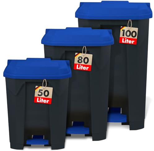 Floordirekt Mülleimer 100 Liter, Blauer Deckel, Abfalleimer für Küche und Büro, Mülltrennsystem, Tretmülleimer mit Step-On-Mechanismus, Papierkorb, Mülltonne Olaf