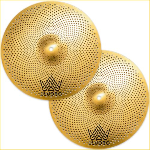 ULUOBO 14 inch Low Volume Hi Hat Cymbals, High Hat Cymbal for Drum Quiet Practice (Gold, 1 Pieces)