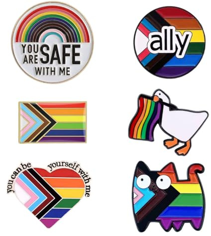 Pride Pins 6PCS LGBTQ Pins Set You Are Safe with Me Ally Pin Rainbow Flag Goose Cat Enamel Pin Badge Gay Lesbian Trans Accessories Gift for Pride Month