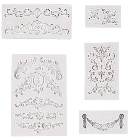 PHMING 3D Moldes Silicona Manualidades, 5 Piezas Molde de Silicona para Fondant, Molde de Pastel Esculpido Barroco, Gris Moldes Barroco para Fondant, para Hacer Fondant, Chocolate, Pasteles