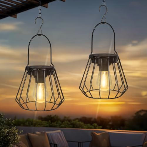 Ketom 2 Pezzi Lanterna Solare da Esterno, IP65 Impermeabile Lampada Solare da Giardino, Lampada da Esterno, Appendere/In Piedi, per Balcone Terrazza Festa Decorazione, Bianco Caldo, Conico