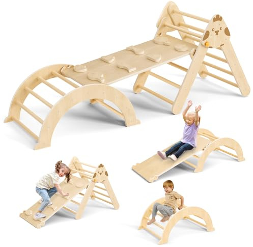 MINENICE 7-in-1Montessori-Kletterdreibein,Kletterdreieck mit Rutsche, Kletterbogen, mit Kletterbogen und Rutsche,Holzdreibein für Kleinkinder von 1–3 Jahren, Kletterspielzeug für drinnen (Holzfarbe)