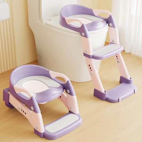Yucch Toilettensitz Kinder mit Treppe, Upgraded 2-in-1 WC Sitz | Höhenverstellbarer Kindertoilettensitz mit abnehmbarem Topf, weichem PU-Polster und rutschfestem Design für 1–6 Jahre (Rosa)