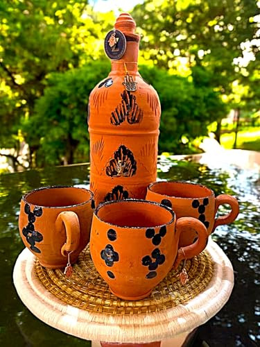 Vaso per acqua marocchina in terracotta - formato frigorifero + vassoio e tazze (1 L+o) - purificazione naturale. Decorato e dipinto a mano. (Dipinto & inciso)