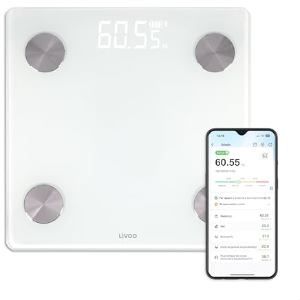Livoo- Báscula personal impedancia conectada DOM528W - hasta 180kg, 17 indicadores corporales, 8 memorias de usuarios, aplicación OKOK