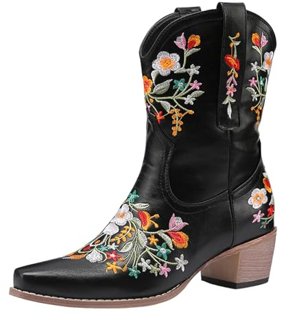 Xbemkste cowboystövlar dam läder blommönster broderi västerländska stövlar halvskaft damstövlar slip-in medelhöga stövlar traditionella stövlar vintage ankelstövlar, svart, 41 EU