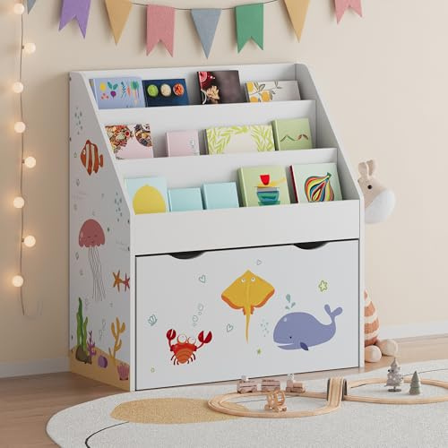 [en.casa] Kinder Bücherregal Aarnskona Kinderregal Spielzeug Aufbewahrung 70 x 63 x 30 cm Montessori Kinderzimmerregal mit Schublade rollbar Weiß mit Aqua Dream Motiv