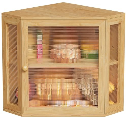 BEWISHOME Corner Bread Box,Bread Box for Kitchen Countertop,Double Layer Bamboo Wood Large Capacity Bread Storage Bin with Acrylic Wavy Door Panel(Meduim) 99ZMX01Y ﻿