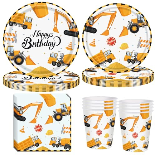YRsorn Baustellen Deko Kindergeburtstag Partygeschirr - Bagger Pappteller Becher Servietten für Geburtstag Deko Junge Mädchen für 16 Gästen