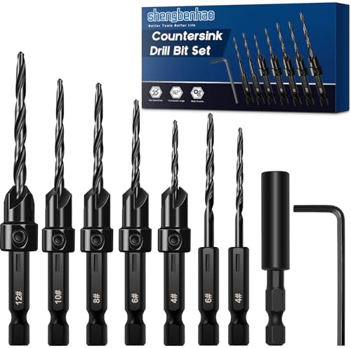 shengbenhao Countersink Drill Bit Set, #4#6#8#10#12 Tapered Drill Bits Counter Sink Drill Bit, 1/4 Hex Shank Quick Change for Woodworking with Storage Box (9pcs)