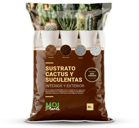 MOIPLANTS Sustrato Premium para Cactus y Suculentas 10L | Tierra para Cactus, Crasas y Plantas de Bajo Riego | Mezcla con Turba Rubia, Fibra de Coco, Granito y Perlita para Aireación y Drenaje