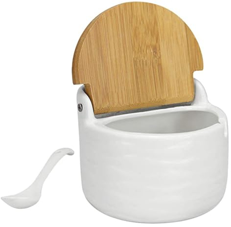 Azucarero con tapa y cuchara, azucarero de cerámica de 250 ml, tarro lavable, salero para especias, pimienta, cocina casera, bote de cocina blanco