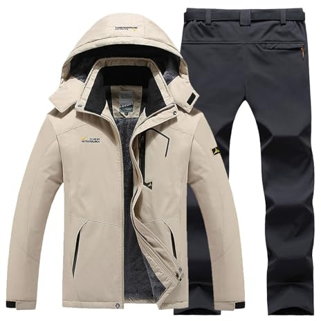 Abbigliamento da sci per uomo e donna, giacca invernale con pantaloni, adatto per abbigliamento casual da sci all'aperto, beige., L