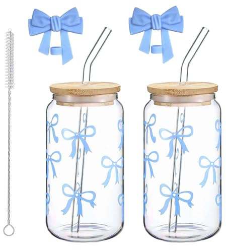 Aesthetic Bicchiere di Vetro, 2 Tazza in Vetro con Fiocco con Coperchio e Cannuccia 500 ml, Bicchiere con Fiocco, Bicchieri da Caffè, con Spazzola per la Pulizia, per Succhi, Smoothie e Altro (Blu)