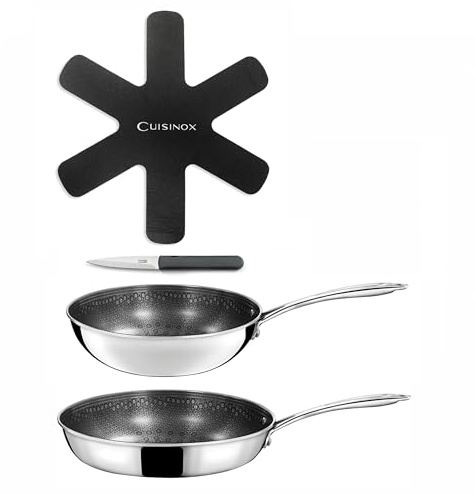 CUISINOX Virtuo Wok + Poêle + Feutrine, Revêtus, Tous feux, Made In France | Set cuisson, Triply antiadhérent, Compatible tous feux induction, Finition satinée, Sans PFOA/PFAS, France
