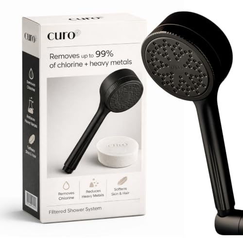 Curo Skin Midnight Black Filtered Shower Head - Filters Chlorine, Heavy Metals & Impurities Found in Water - Improves Quality of Skin & Hair - High Pressure - Quick & Easy to Install (Midnight Black)