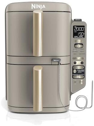 Ninja Double Stack extra stor airfryer med matlagningstermometer, airfryer med vertikala dubbla lådor med 4 tillagningsnivåer, 2 lådor & 2 galler, 9,5 l kapacitet, 6 funkt., stenguld SL451EUSD