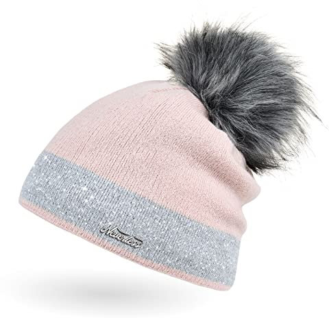 Neverless Damen Strick-Mütze gefüttert mit Fell-Bommel Kunstfell Winter-Mütze Feinstrick Glitzer-Garn Bommelmütze rosa-grau Unisize