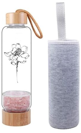 Bouteille d'eau de gemme infusée d'élixir de cristal de bien-être en bambou, bouteille d'eau de cristal de pierre précieuse naturelle verre de guérison de pierre précieuse de gravier de quartz, 400ML