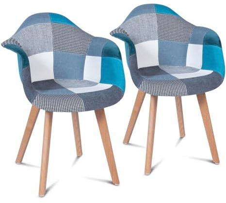 IDMarket - Set aus 2 skandinavischen Esszimmerstühlen, Tischsessel SARA mit blauem Patchworkmuster