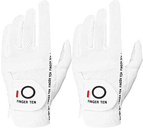 FINGER TEN Men's Golf Gloves Rain Grip 2 Pack (White, M/Large, Left Hand)