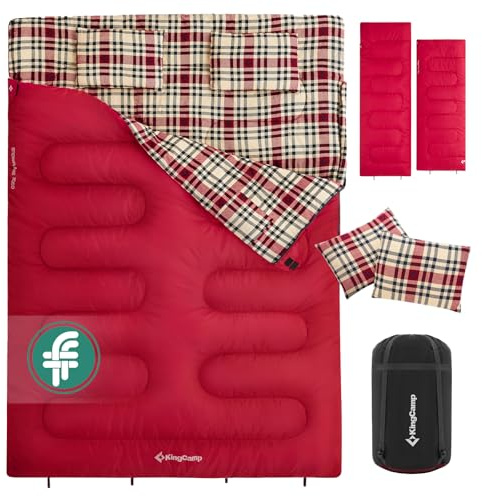 KingCamp Doppelschlafsack Winter Schlafsack 2 Personen Outdoor Warmer Deckenschlafsack Tragbar Leicht 3-4 Jahreszeiten mit 2 Flanell Kissen Camping Schlafsack für Kinder & Erwachsenen 4kg Rot